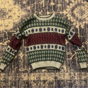 Van Heusen Green and Red Crewneck Sweater with Nordic Pattern